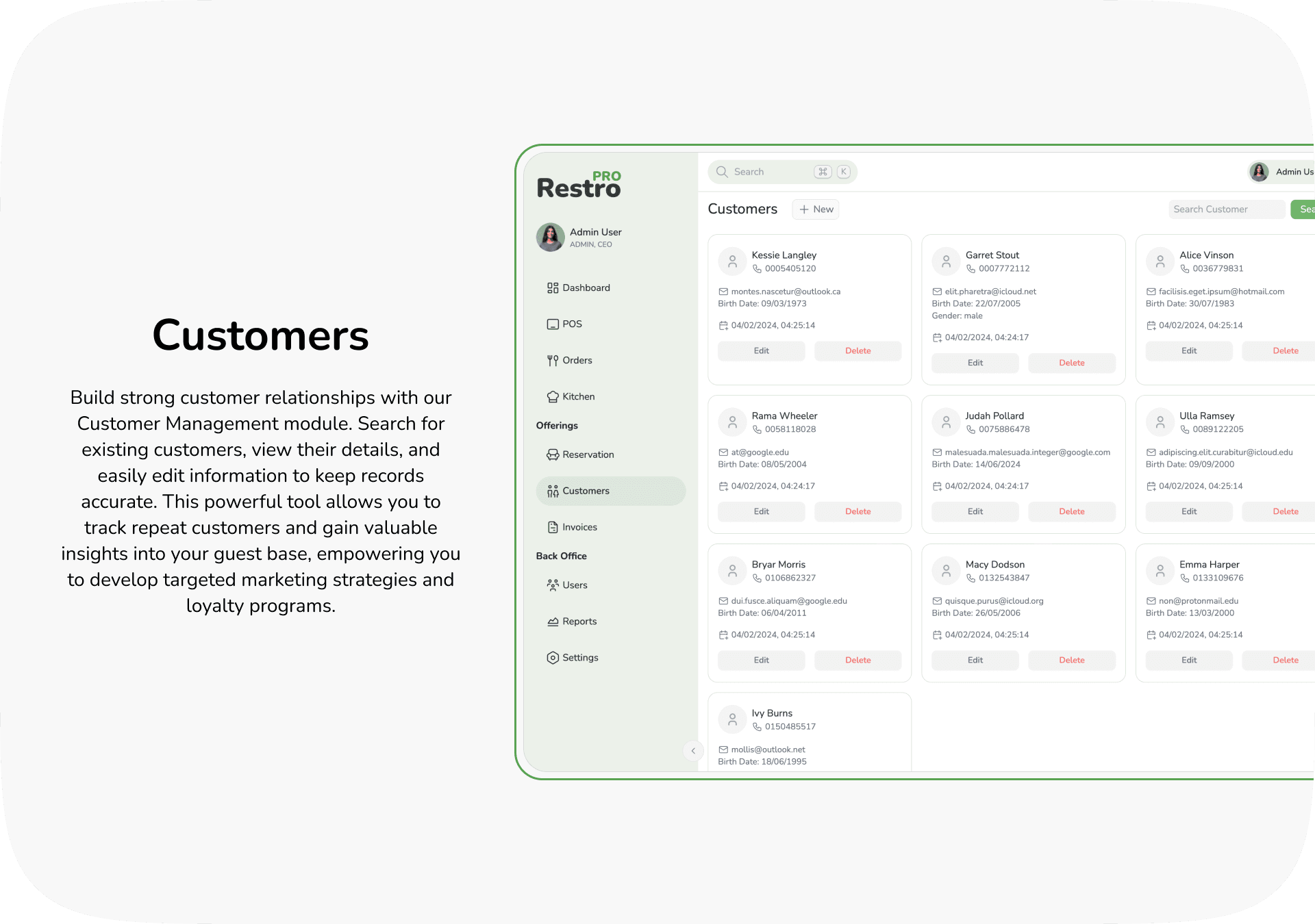 Customer management cards with search, edit, and contact details