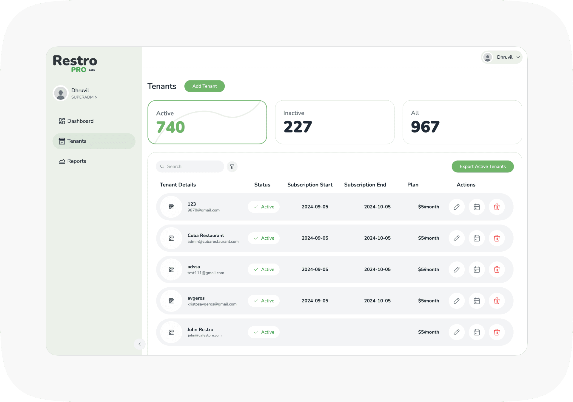 Super-admin tenants portal with plans and subscription status